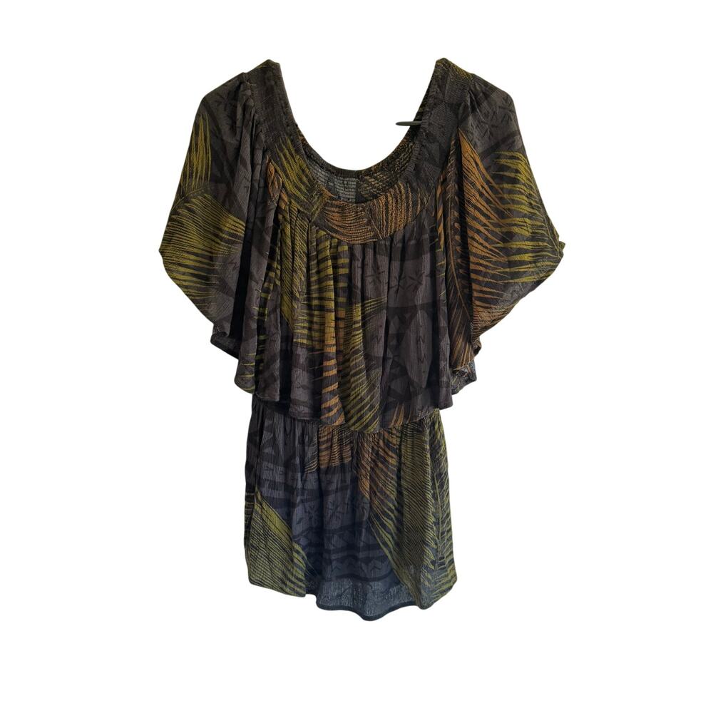 Tanoa Hawaiian Leaf Tribal Print Flowy Blouse Rayon Size Small